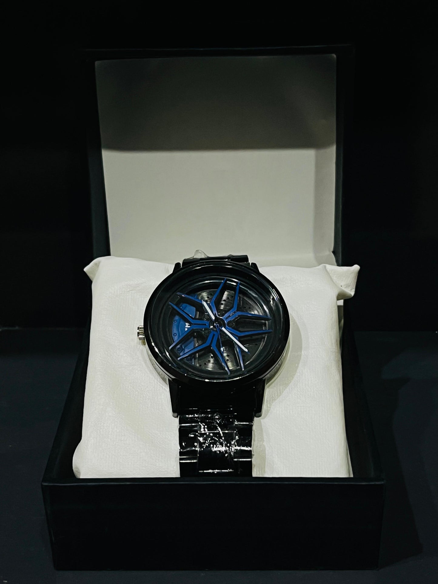 Baisheng Sports Watch for Men – Black & blue Rotating Car Rim Dial | Quartz Analog Metal Strap
