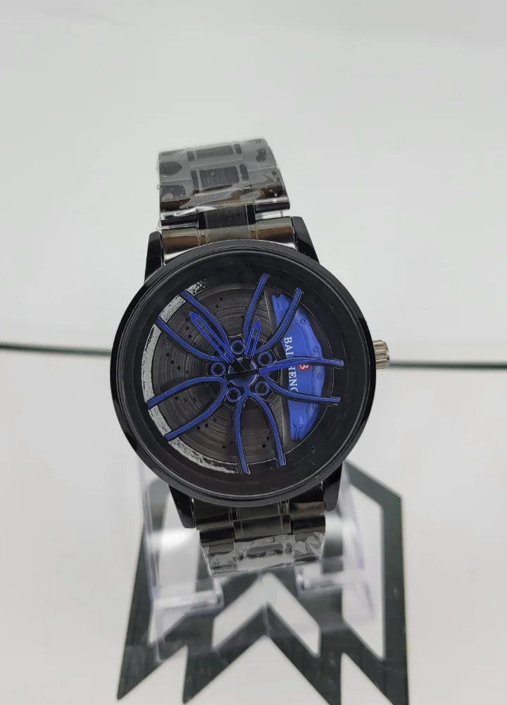 Baisheng Sports Watch for Men – Black & Blue Rotating Car Rim Dial | Quartz Analog Metal Strap