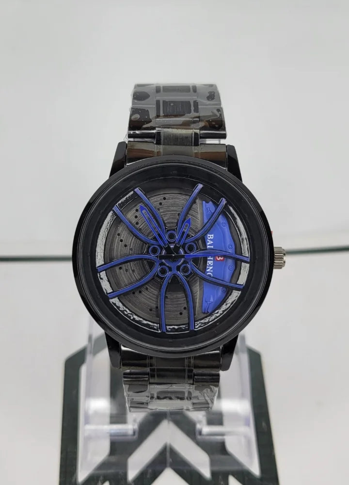 Baisheng Sports Watch for Men – Black & Blue Rotating Car Rim Dial | Quartz Analog Metal Strap