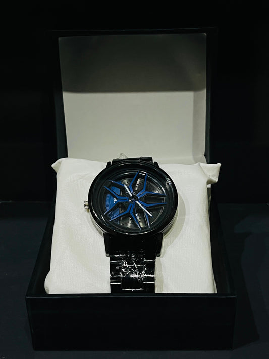 Baisheng Sports Watch for Men – Black & blue Rotating Car Rim Dial | Quartz Analog Metal Strap