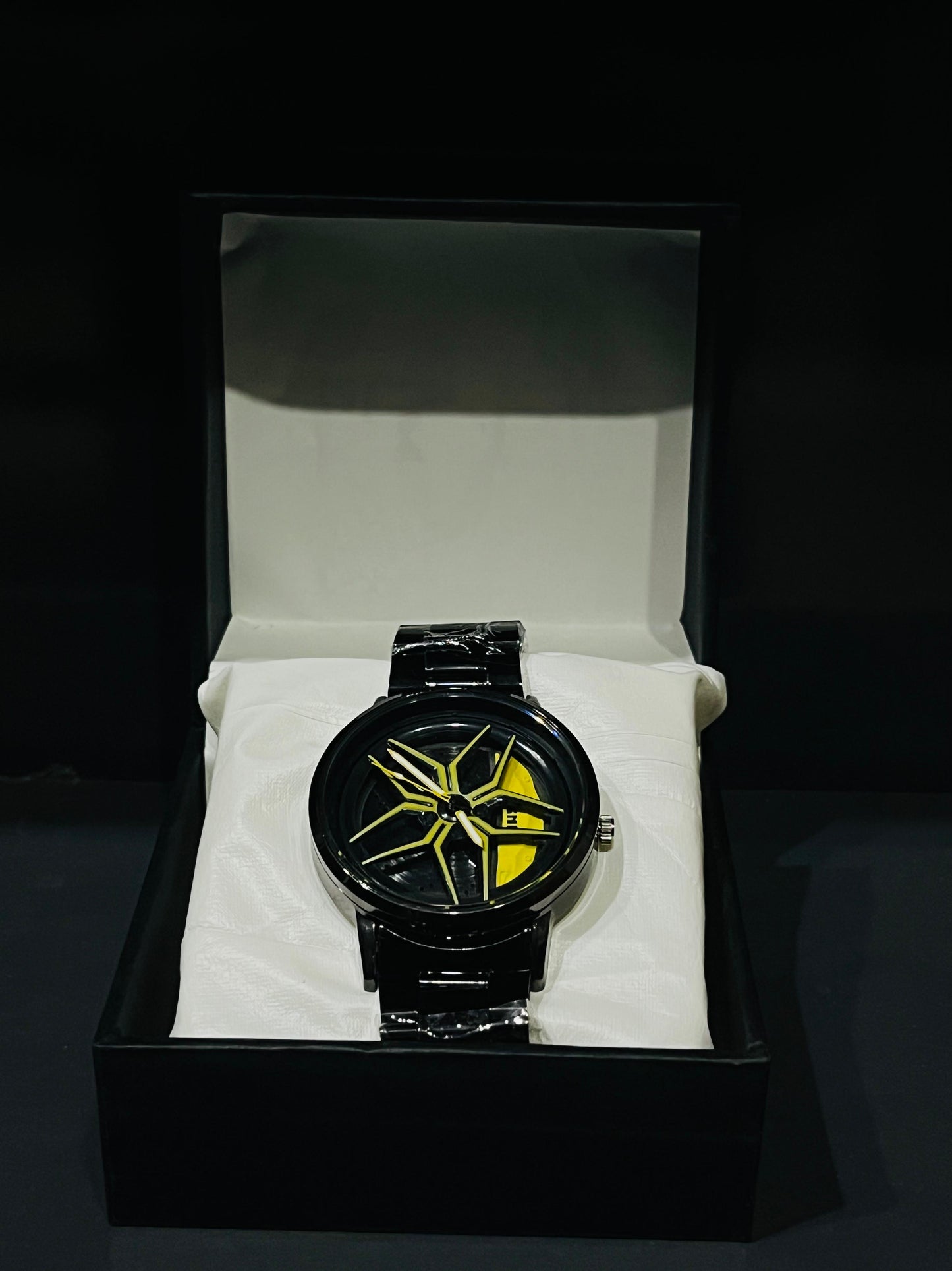 Baisheng Sports Watch for Men – Black & yellow Rotating Car Rim Dial | Quartz Analog Metal Strap