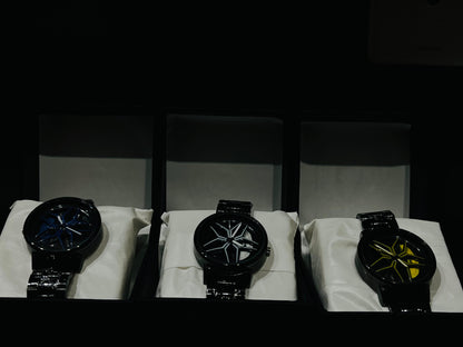 Baisheng Sports Watch for Men – Black & white Rotating Car Rim Dial | Quartz Analog Metal Strap