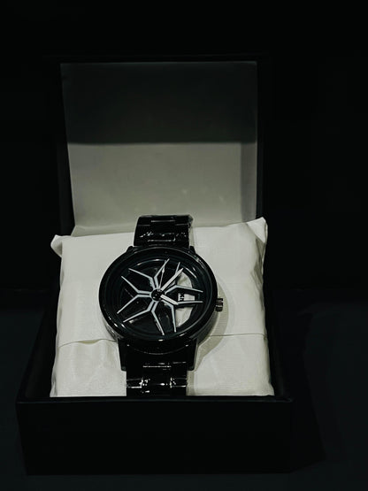 Baisheng Sports Watch for Men – Black & white Rotating Car Rim Dial | Quartz Analog Metal Strap