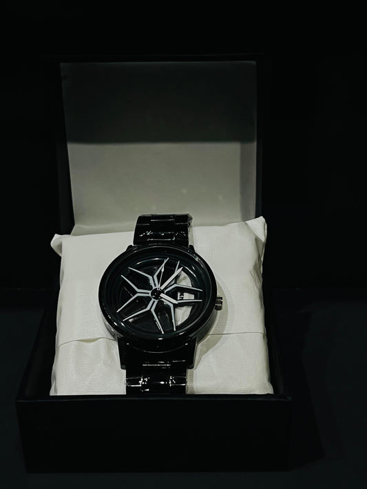 Baisheng Sports Watch for Men – Black & white Rotating Car Rim Dial | Quartz Analog Metal Strap