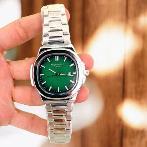 Patek Philippe Men’s Watch – Date Display | Luxury Green Dial Quartz Analog Stainless Steel Strap